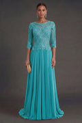 Aquamarine Half-Sleeve Lace and Pleated Chiffon Mother of the Bride Dress