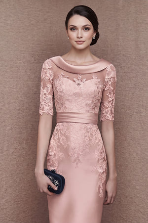 Lace-Sleeve Stretch Satin Sheath Mother of the Bride Dress
