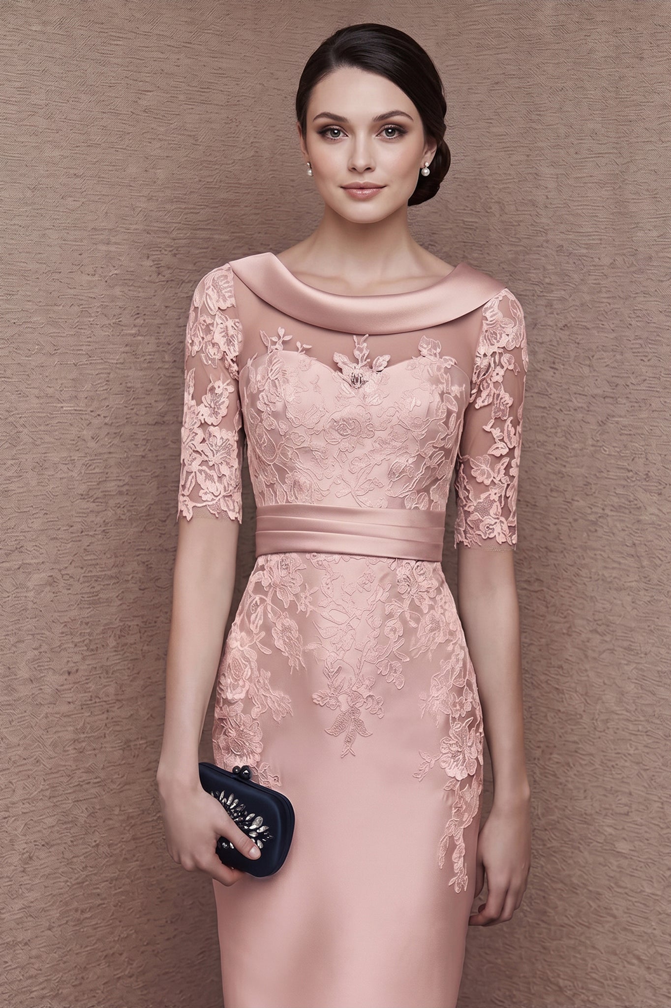 1/2 Sleeves Scoop Elastic Satin Lace Mother of The Bride Dresses with Angrila 1/2 Sleeves Scoop Elastic Satin Lace Mother of The Bride Dresses with Angrila