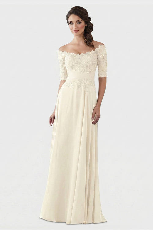 Ivory Off-the-Shoulder Lace and Chiffon Mother of the Bride Gown