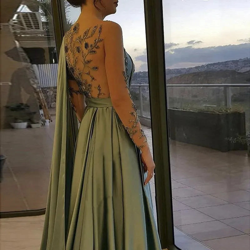 One-Shoulder Olive Green Satin Prom Dresses with Cape Sleeves