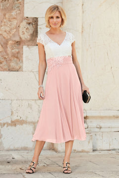 Ivory-Pearl Pink Tea-Length Cap-Sleeve Lace and Chiffon Mother of the Bride Dress