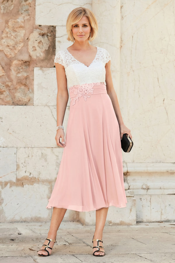 Tea-Length Cap-Sleeve Lace and Chiffon Mother of the Bride Dress