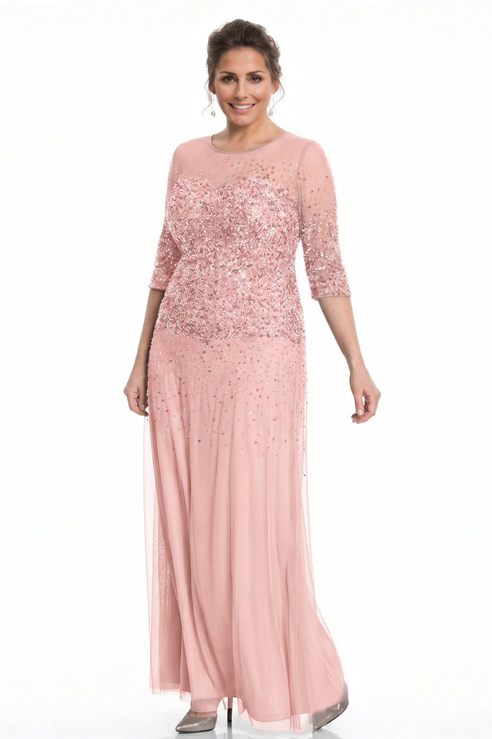Pearl Pink Half-Sleeve Sequin and Tulle Column Mother of the Bride Gown