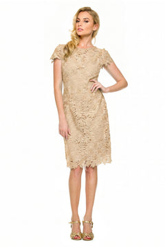 Champagne Keyhole-Back Cap-Sleeve Lace Sheath Mother of the Bride Dress