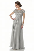 Silver Ruched Lace and Chiffon A-Line Mother of the Bride Gown