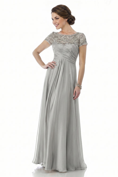 Silver Ruched Lace and Chiffon A-Line Mother of the Bride Gown