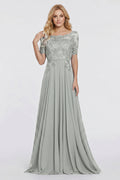 Silver Illusion-Sleeve Lace and Chiffon A-Line Mother of the Bride Gown