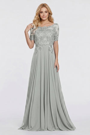 Illusion-Sleeve Lace and Chiffon A-Line Mother of the Bride Gown