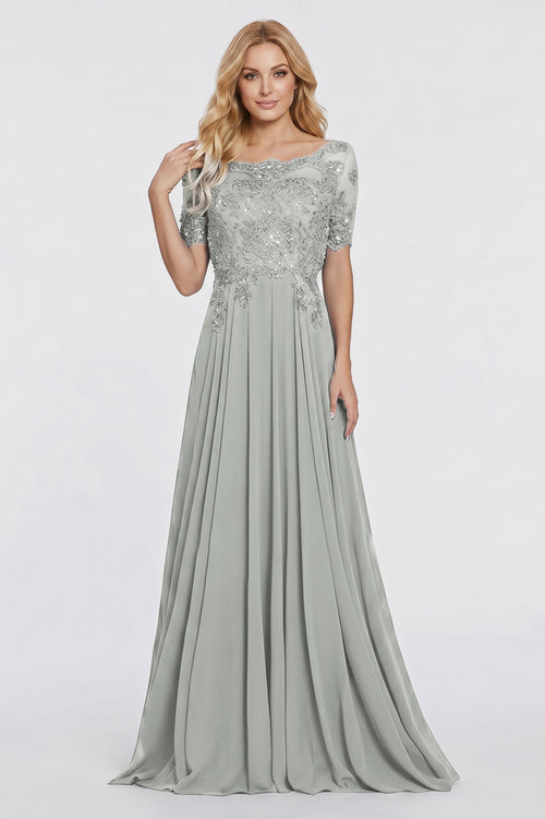 Silver Illusion-Sleeve Lace and Chiffon A-Line Mother of the Bride Gown