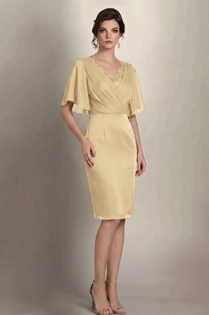 Flutter-Sleeve Lace-Inset Chiffon Sheath Mother of the Bride Dress