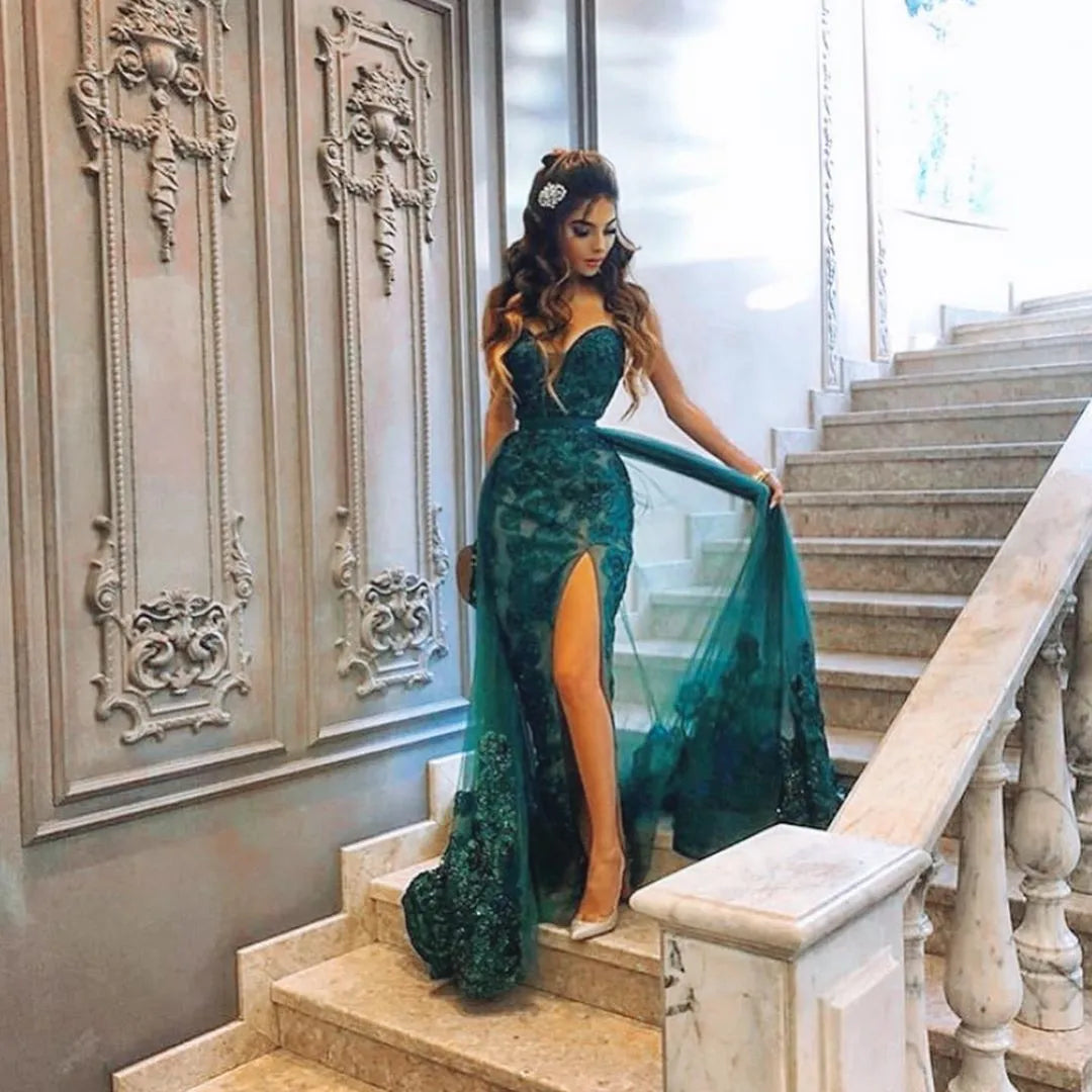 Sweetheart Neckline Green Slit Lace Appliques Mermaid Prom Dress