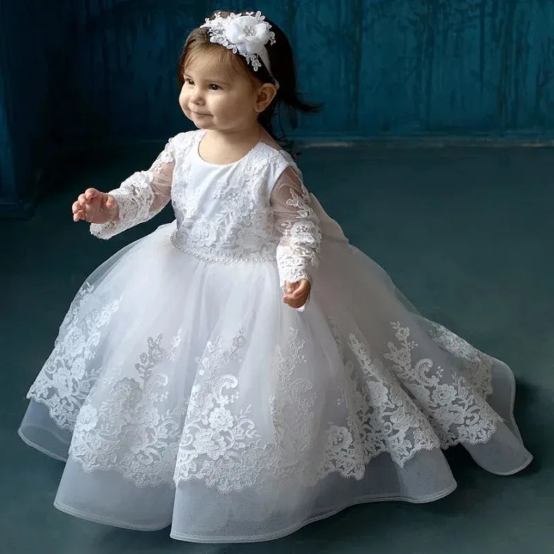 Round Neck Long Sleeves Lace Appliques White Flower Girl Dresses With Bows