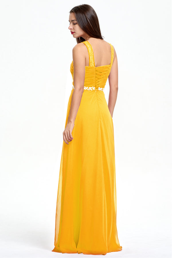 Butterscotch Ruched Chiffon A-Line Evening Dress with Illusion Neckline