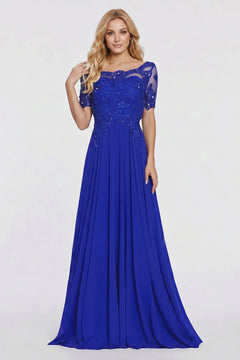 Royal Blue Illusion-Sleeve Lace and Chiffon A-Line Mother of the Bride Gown
