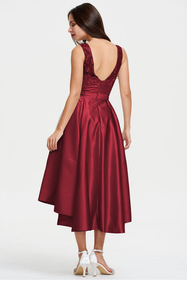 Silver High-Low Satin Cocktail Dress with Lace Bodice, Pleats and Pockets