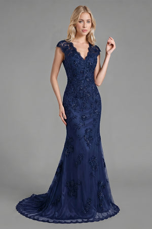 Navy Cap-Sleeve Lace and Tulle Mermaid Evening Dress