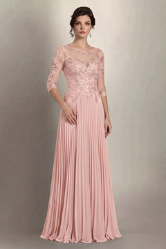 Pearl Pink 3/4-Sleeve Lace and Pleated Chiffon Mother of the Bride Gown