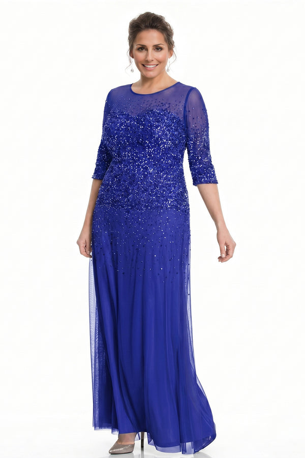 Half-Sleeve Sequin and Tulle Column Mother of the Bride Gown
