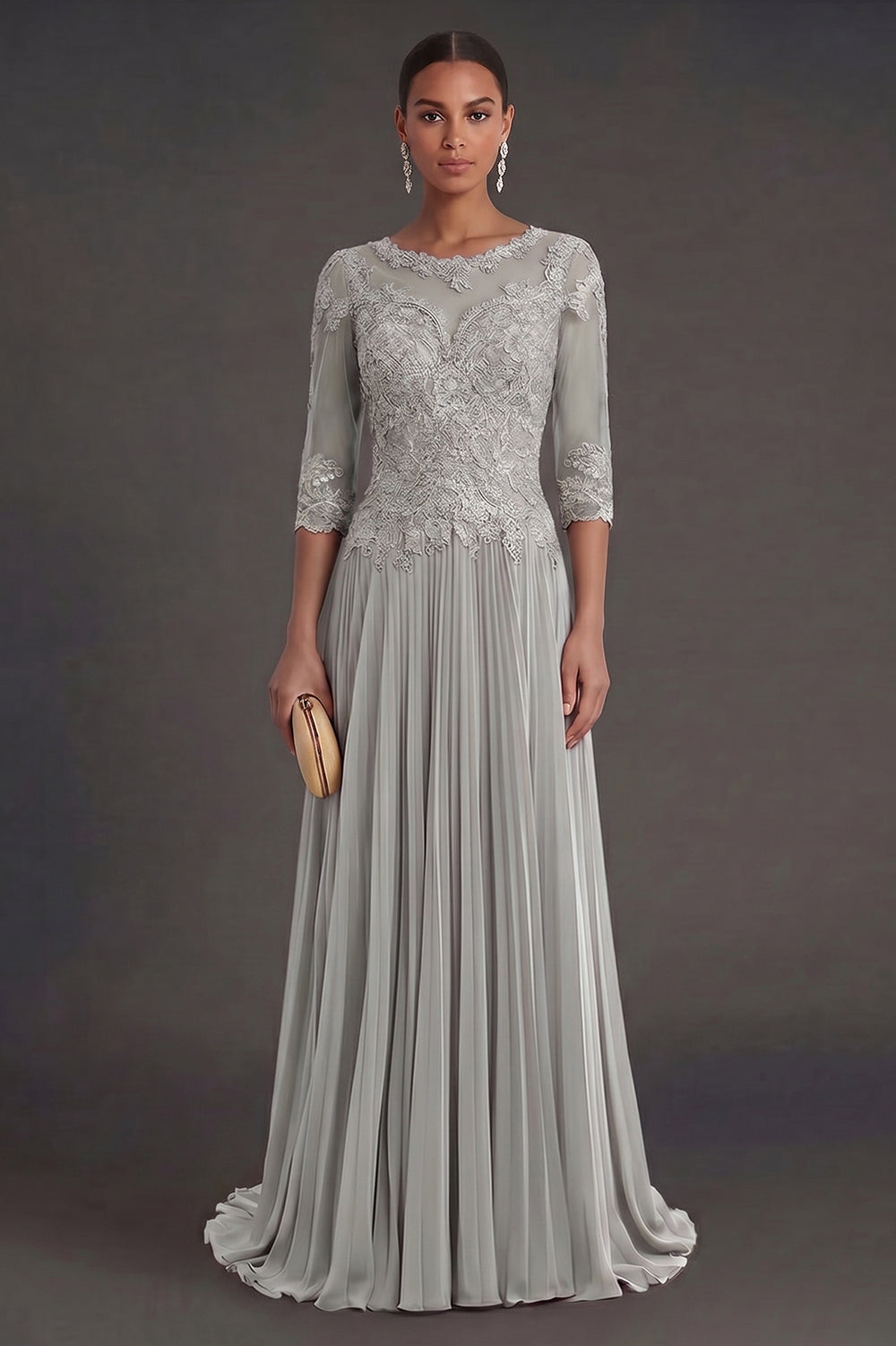Half-Sleeve Lace and Pleated Chiffon Mother of the Bride Dress