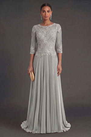 Half-Sleeve Lace and Pleated Chiffon Mother of the Bride Dress