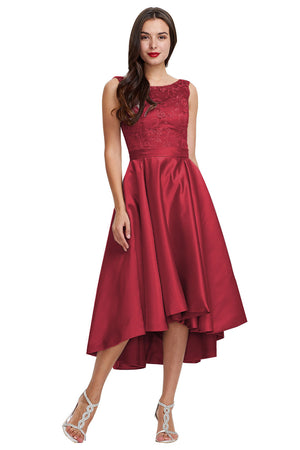 Silver High-Low Satin Cocktail Dress with Lace Bodice, Pleats and Pockets