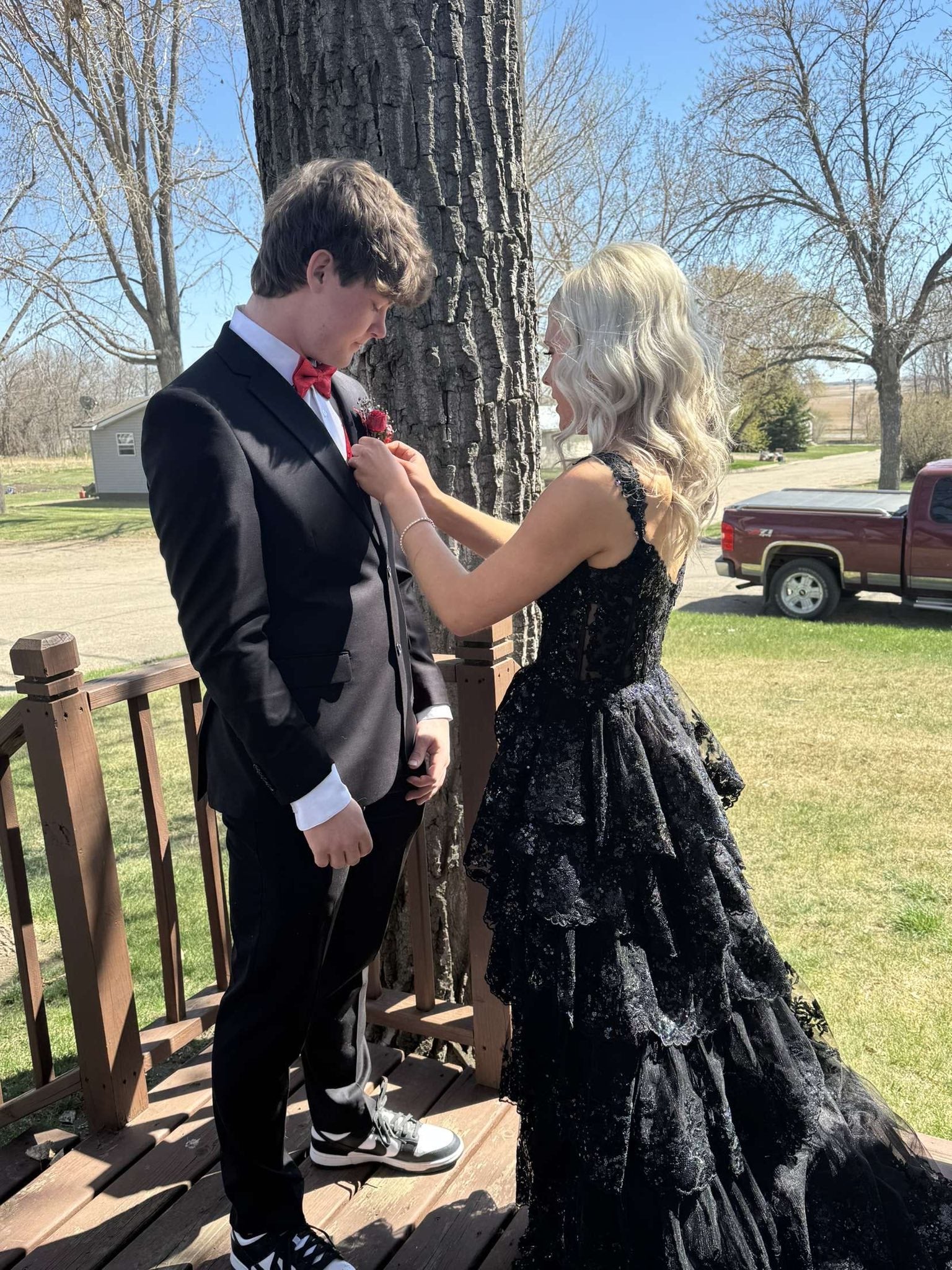 A-Line Thin Strap Lace Appliques Slit Black Prom Dress