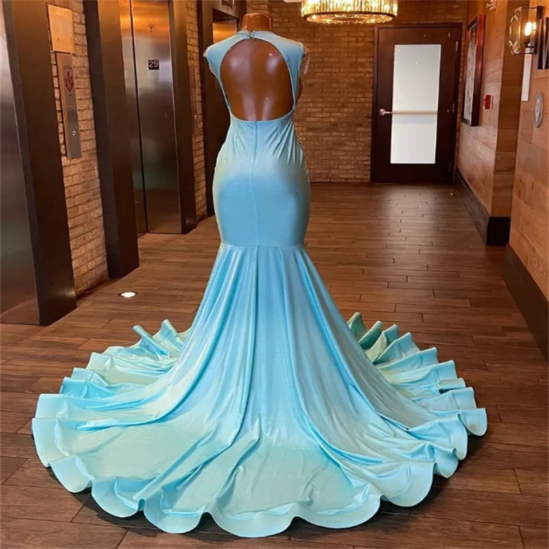 Blue Satin Heart-Shaped Collar Diamond Appliques Mermaid Prom/Evening Dress