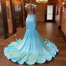 Blue Satin Heart-Shaped Collar Diamond Appliques Mermaid Prom/Evening Dress