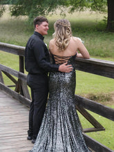 Deep V-Neck Sleeveless Sliver Sequin Halter Slit Black Prom Dresses