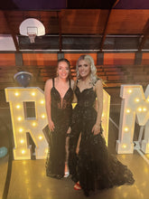 A-Line Thin Strap Lace Appliques Slit Black Prom Dress