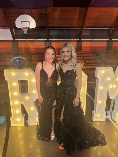 A-Line Thin Strap Lace Appliques Slit Black Prom Dress