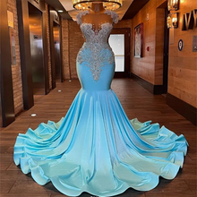 Blue Satin Heart-Shaped Collar Diamond Appliques Mermaid Prom/Evening Dress