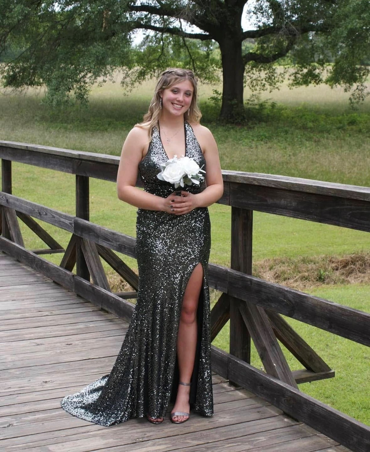 Deep V-Neck Sleeveless Sliver Sequin Halter Slit Black Prom Dresses