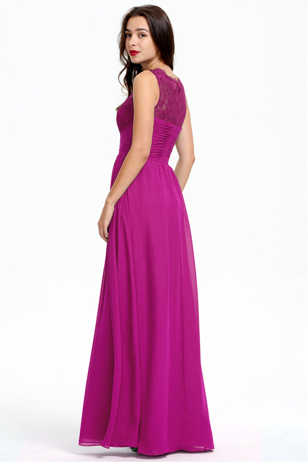 Fuchsia Ruched Lace and Chiffon A-Line Bridesmaid Dress