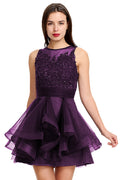 Plum Tiered Tulle A-Line Homecoming Dress with Illusion Lace Bodice