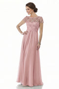Dusty Rose Ruched Lace and Chiffon A-Line Mother of the Bride Gown