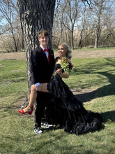 A-Line Thin Strap Lace Appliques Slit Black Prom Dress