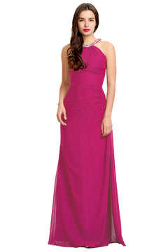 Fuchsia Ruched Halter Chiffon Sheath Bridesmaid Dress