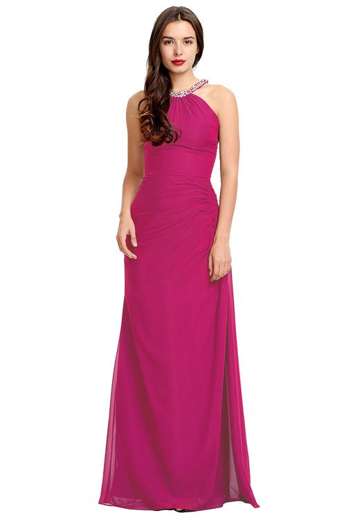 Fuchsia Ruched Halter Chiffon Sheath Bridesmaid Dress