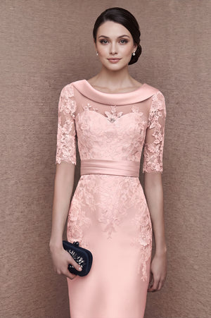 Lace-Sleeve Stretch Satin Sheath Mother of the Bride Dress