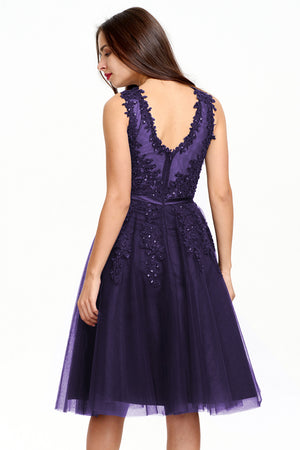 Amethyst Illusion-Back Lace-Applique Tulle A-Line Homecoming Dress