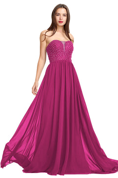 Fuchsia Strapless Plunging Chiffon A-Line Evening Gown