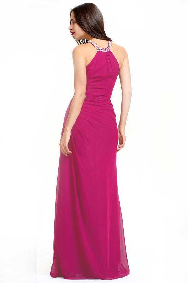 Fuchsia Ruched Halter Chiffon Sheath Bridesmaid Dress