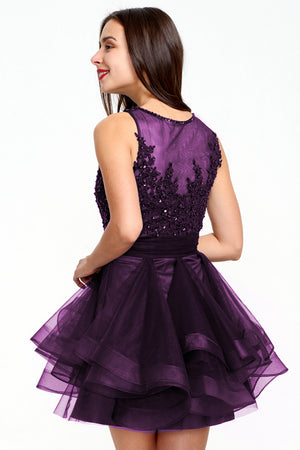 Plum Tiered Tulle A-Line Homecoming Dress with Illusion Lace Bodice