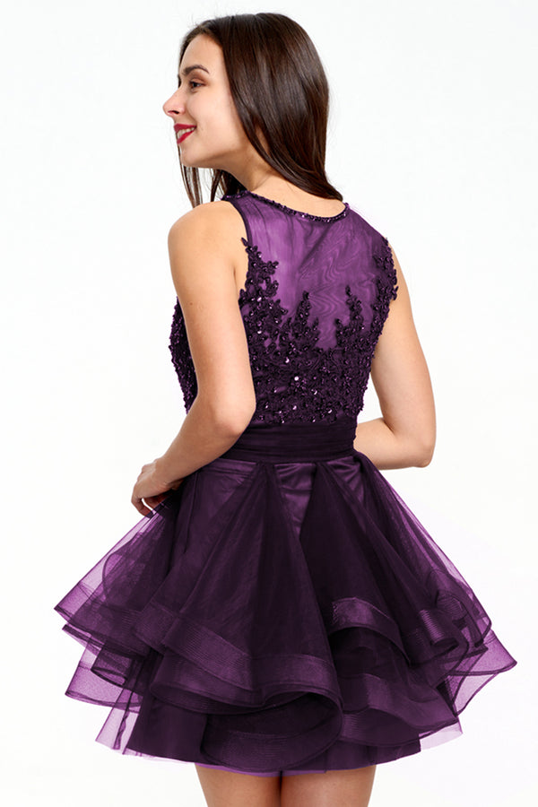Plum Tiered Tulle A-Line Homecoming Dress with Illusion Lace Bodice