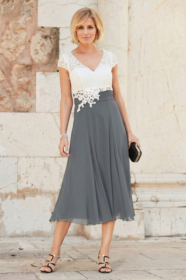 Tea-Length Cap-Sleeve Lace and Chiffon Mother of the Bride Dress