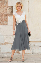 A-line V-neck Cap Sleeves Tea-length Chiffon Lace Mother of the Bride Dresses