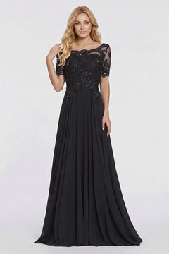 Black Illusion-Sleeve Lace and Chiffon A-Line Mother of the Bride Gown