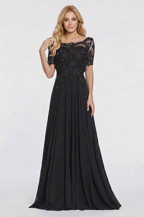 Black Illusion-Sleeve Lace and Chiffon A-Line Mother of the Bride Gown